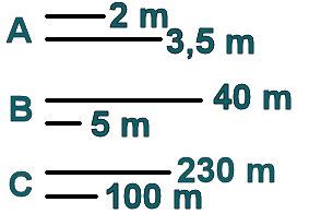 A. A line of 2 meters and a line of 3,5 meters. B. A line of 40 meters and a line of 5 meters. C. A line of 230 meters and a line of 100 meters.