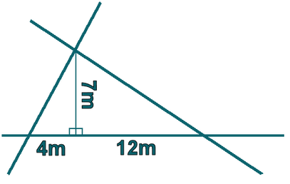 A triangle with a line drawn through one of the angles to create a right angle with the opposing side. This creates two triangles. One with the sides: 7m & 4m, the other with the sides: 7m and 12m